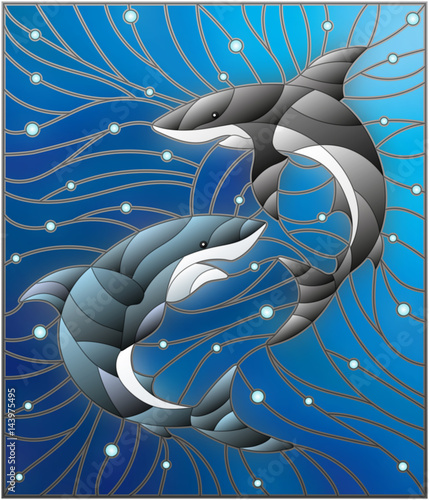 Fototapeta na wymiar Illustration in the style of stained glass with two sharks on the background of water and air bubbles