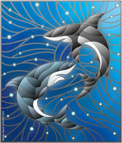 Naklejka dekoracyjna Illustration in the style of stained glass with two sharks on the background of water and air bubbles