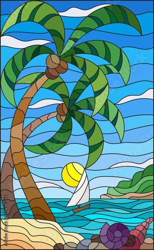 ilustracja-w-stylu-witrazu-z-tropikalne-morze-krajobraz-palmy-kokosowe
