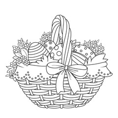 Poster - Basket with Easter eggs and flowers outlined for coloring on a white background