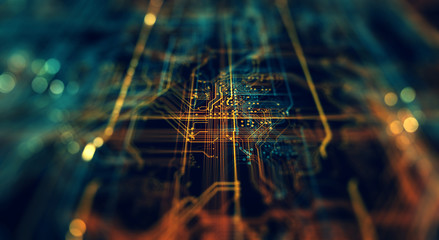 Poster - Printed circuit board futuristic server/Circuit board futuristic server code processing. Orange,  green, blue technology background with bokeh.