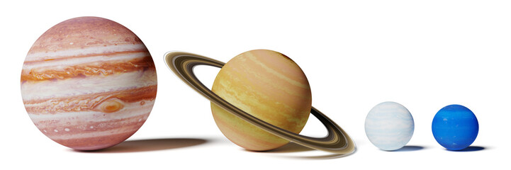 Wall Mural - gas planets of the solar system, Jupiter, Saturn, Uranus and Neptune size comparison isolated on white background 