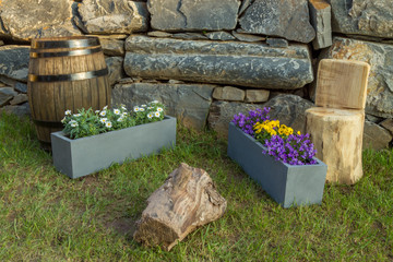 Rustic trunk, oak wine barrel, handcrafted wood stool, two pots of flowers - daisies, violets and bell flowers with a natural wall of rocks as background