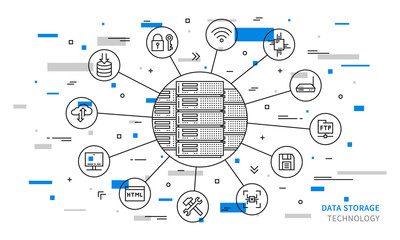 Data storage technology vector illustration with colorful elements. Remote server equipment line art concept. Data storage hardware graphic design. Network database infrastructure system.