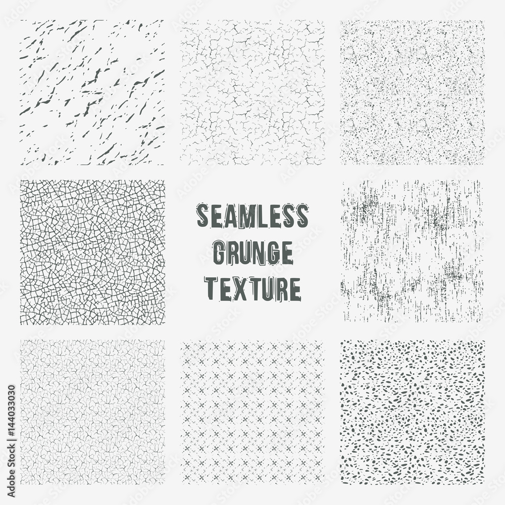 Set of grange seamless patterns. Simple vector scratch textures with dots, strokes and doodles. - obrazy, fototapety, plakaty 