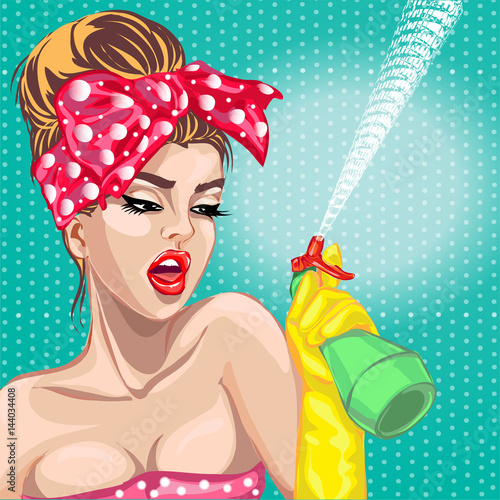 Fototapeta na wymiar Pin-up housewife woman portrait with wiper. housekeeping, sexy wife, hand drawn vector illustration