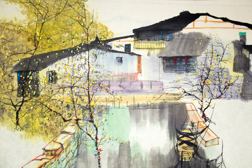 Chinese traditional painting of water house