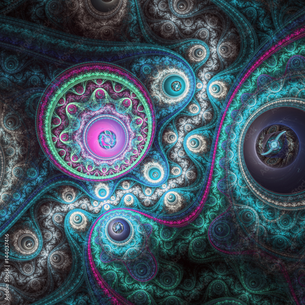 Dark blue fractal clock, digital artwork for creative graphic design