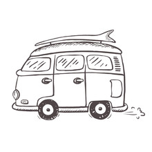 Icon Of Old Style Minivan Riding. Thorough Sketch Hand Drawn Style. Classic Van Icon In Retro Style, Surfing Badge