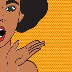 pop art female face. Sexy surprised young african woman with open mouth and afro hairstyle and ! speech bubble. art retro comic style.