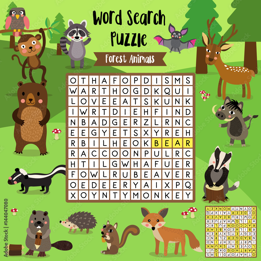 Vector de Stock Words search puzzle game of forest animals for ...