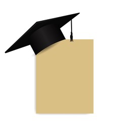 Wall Mural - Graduation cap or mortar board on paper corner. Vector education design element isolated on white background