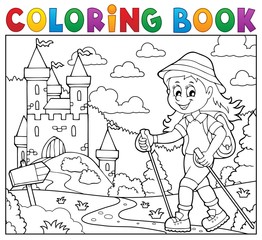 Wall Mural - Coloring book woman hiker theme 2