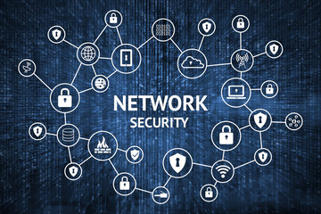 Cyber security network concept. Icons of master key , firewall , internet connect world networking virtual and blue binary coded matrix background