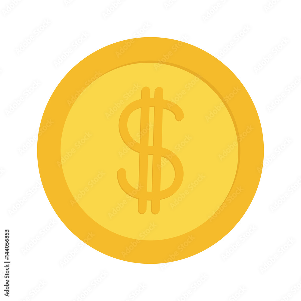 Gold coin money with dollar sign symbol. Cash business icon. Wealth concept. Flat design. Isolated. White background.