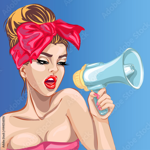 Fototapeta na wymiar Pop art sexy girl with megaphone. Woman with loudspeaker. Pin-up vector illustration