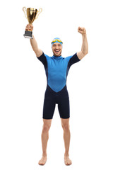 Sticker - Overjoyed swimmer holding a gold trophy and gesturing happiness