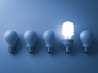 Aufkleber - Energy saving light bulb , one glowing compact fluorescent lightbulb standing out from unlit incandescent bulbs on blue background , individuality and different creative idea concepts . 3D rendering.