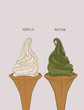 Delicious ice cream sofe serve in cone. Vanilla and matcha green tea. vector