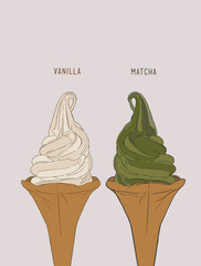 Wall Mural - Delicious ice cream sofe serve in cone. Vanilla and matcha green tea. vector