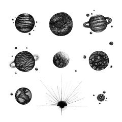 Wall Mural - set of various isolated solar system planets in vintage dotwork style. hand drawn illustration on wh