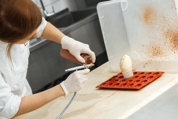 Professional chef decorating dessert with an air brush