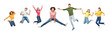 happy people or friends jumping in air over white