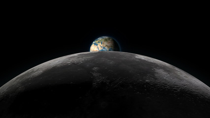 Wall Mural - planet earth rising over the moon horizon, partially visible on a black background. digital 3d illus