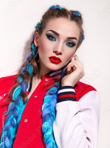 Beautiful Young Girl With Long Bright Braids Blue Hair Weaving