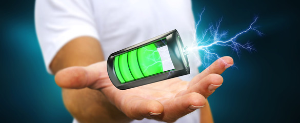 Poster - Man holding 3D render battery with lightning in his hand
