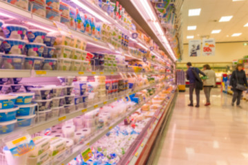 Blurred abstract background of shelf in supermarket