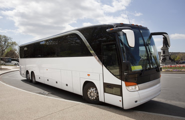 parked white sightseeing tour bus.