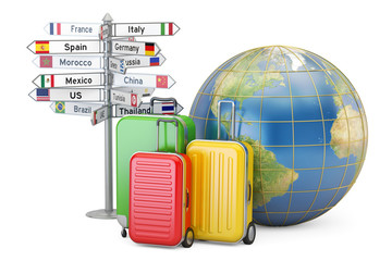 Travel concept. Suitcases, signpost and Earth globe, 3D rendering