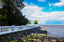 White Concrete Fence On The Shore Of The Gulf Of Finland In Peterhof Park.