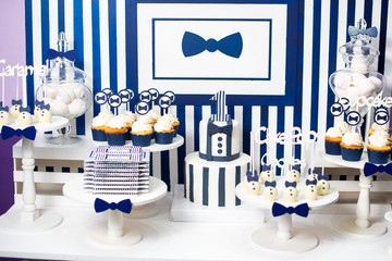 Cake, candies, marshmallows, cakepops, chocolate and other sweets on dessert table at kids birthday party. Birthday Dessert celebration candy bar in white and blue colors.