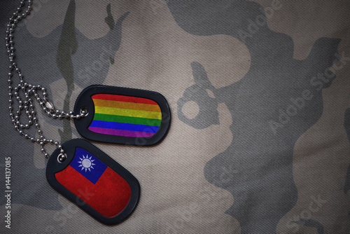 Stampe army blank, dog tag with flag of taiwan and gay rainbow flag on the khaki texture background
