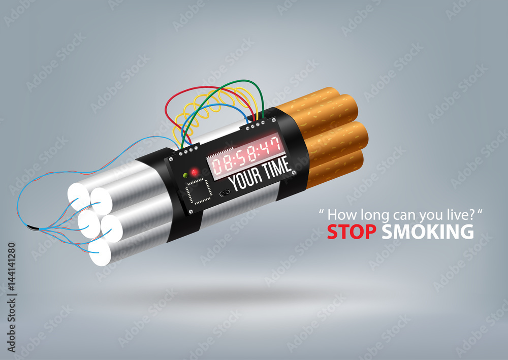 cigarette bomb Stop smoking concept advertisement, cigarette tobacco as time bomb, vector  illustration Stock Vector