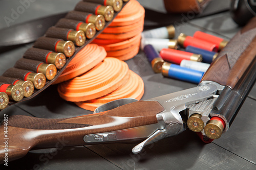 Sport shooting equipment on target. Air-gun and bullets. Принти на полотні