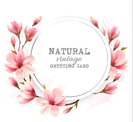 Poster - Natural vintage greeting card with pink magnolia. Vector.