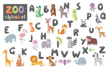 Cute Zoo Alphabet With Cartoon Animals Isolated On White Background And Funny Letters Wildlife Learn Typography Cute Language Vector Illustration.