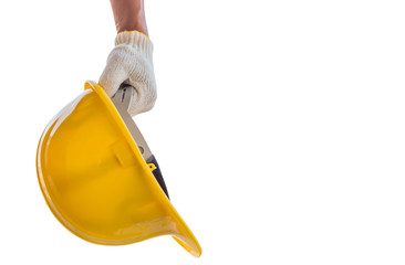 Man holding the yellow safety helmet on isolated white background