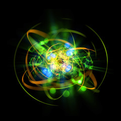 3d atom icon. luminous nuclear model on dark background. glowing energy balls. molecule structure. t