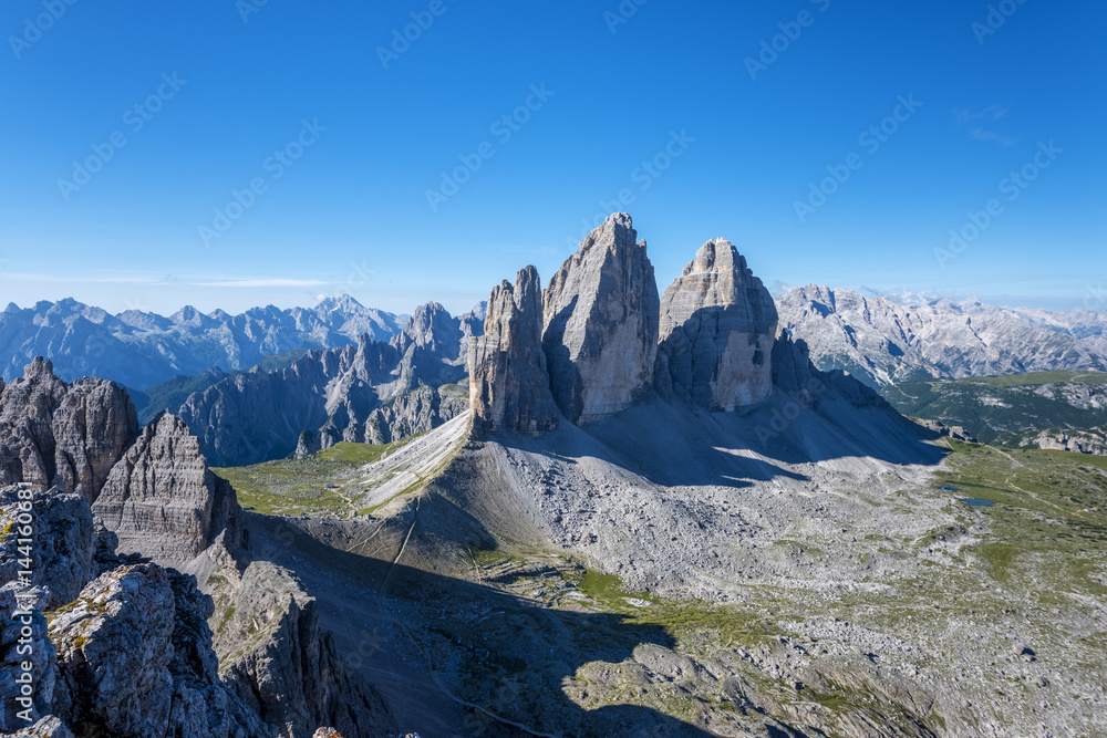 Sesto/Sexten, Dolomites, South Tyrol, province of Bolzano, Italy. View from the summit of Monte Paterno/Paternkofel on the Tre Cime di Lavaredo/Drei Zinnen