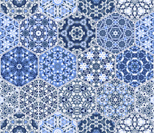 A Rich Set Of Hexagonal Ceramic Tiles In Shades Of Blue. Colorful Elements In Oriental Style. Vector Illustration.