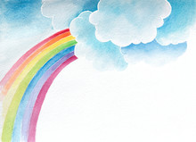 Watercolor Background With Clouds And Rainbow