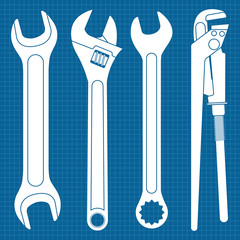 Poster - Wrenches. Set of white industrial tools icons on blueprint background