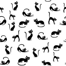 Black Cats Seamless Pattern,on White Background