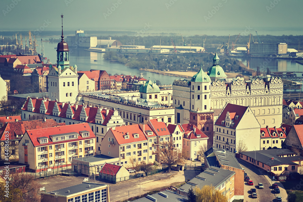 Vintage stylized aerial view of Szczecin (Stettin) city downtown, Poland. - obrazy, fototapety, plakaty 
