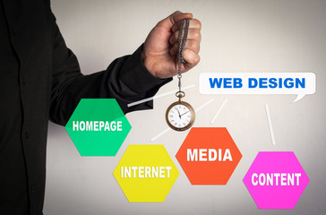 Wall Mural - web design, business concept. red arrow and icons around. man holding chain clock on white backgroun