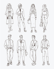 Set of hand drawn stylish young people at street. Collection fashion, trendy youth. Contour illustration.